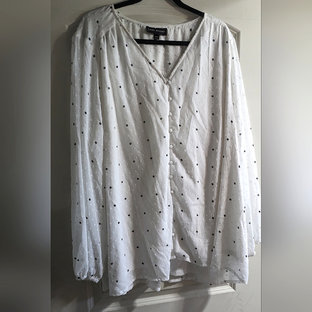 Lane Bryant white polkadot gauze blouse